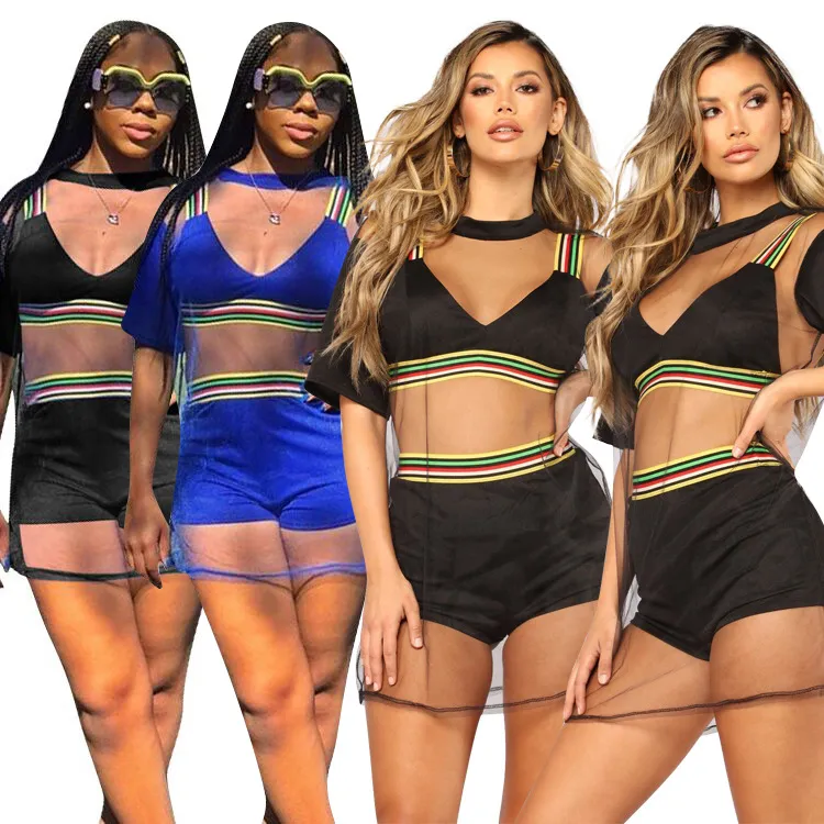 Fashion Mesh See Through Dress Tracksuits For Women Side Stripe Sling Crop Top And Casual Sports Shorts 3 Piece Sets F8101