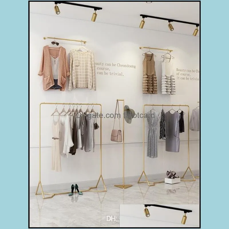 Golden clothing store hanger display shelf Commercial Furniture Ground-mounted combination gold dress hangers Women`s Apparel shop