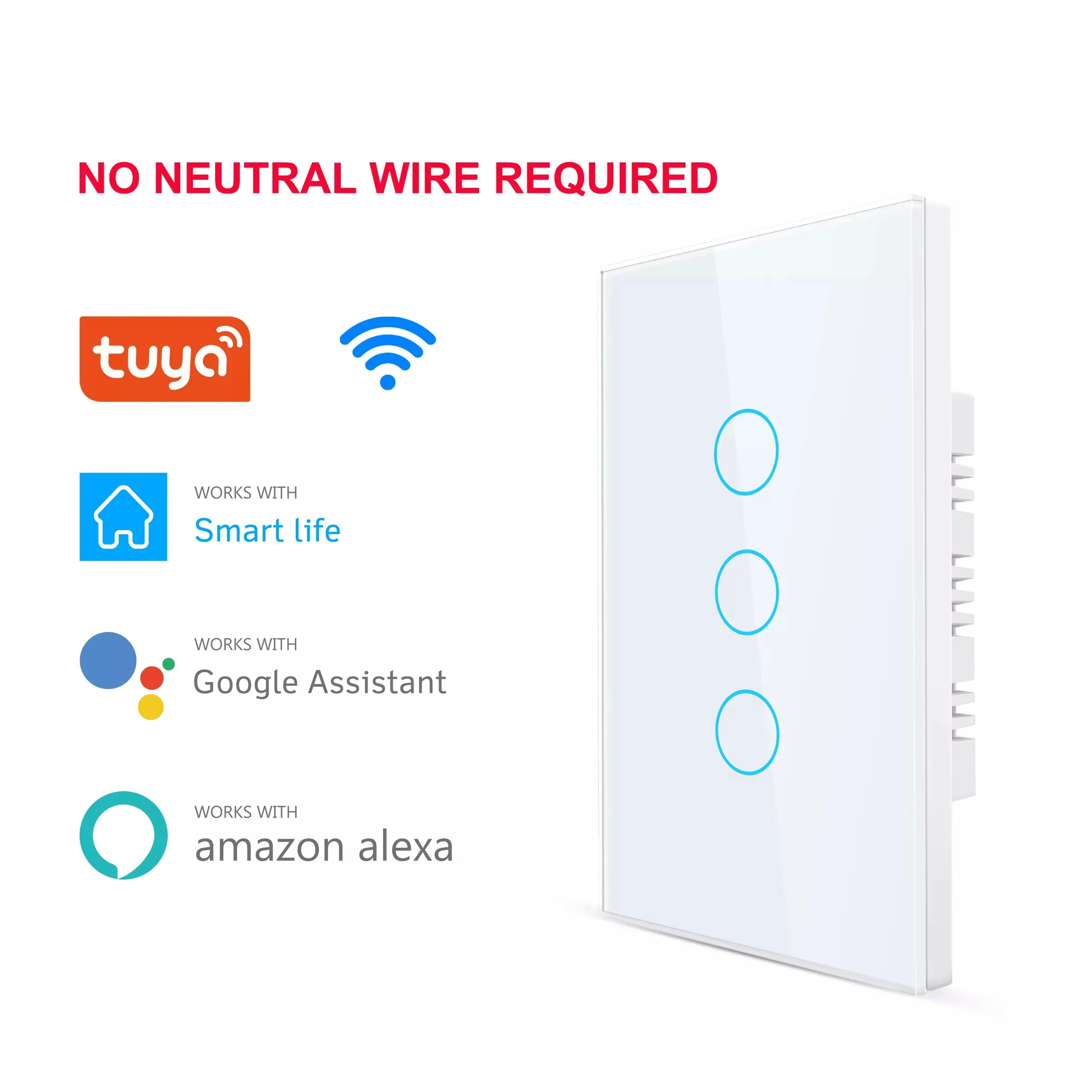 Interrupteur tactile Wifi intelligent, aucun fil neutre requis, pour maison intelligente, 1/2/3 gangs de lumière, 110/220V, compatible avec l'application Alexa Tuya, télécommande 433RF