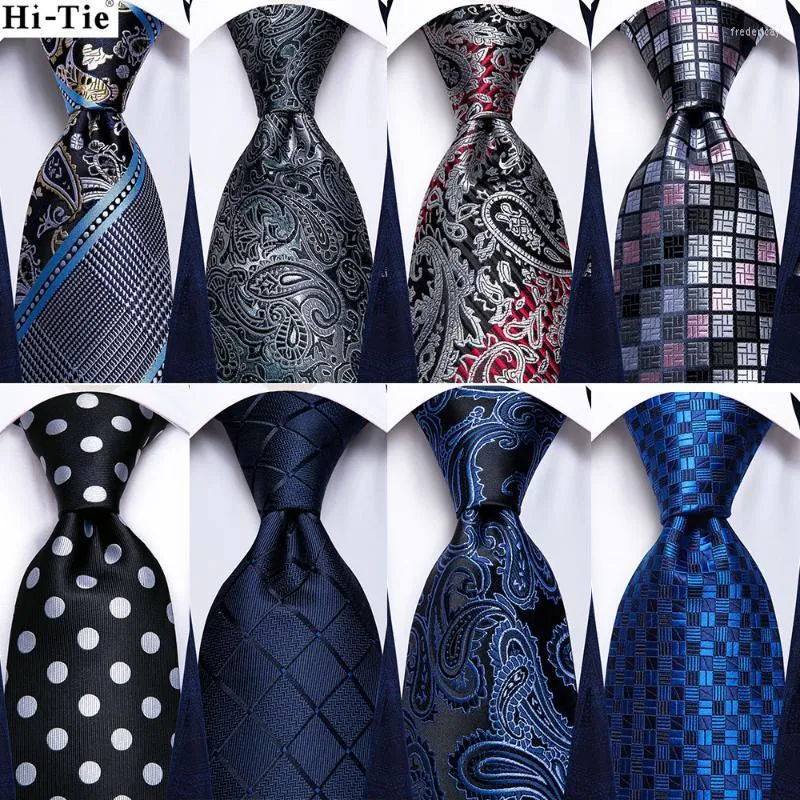 Bow Ties Navy Blue Grey Paisley Silk Wedding Tie For Men Handky Cufflink Gift Mens Necktie Fashion Design Business Party Dropship Hi-Tie Fre