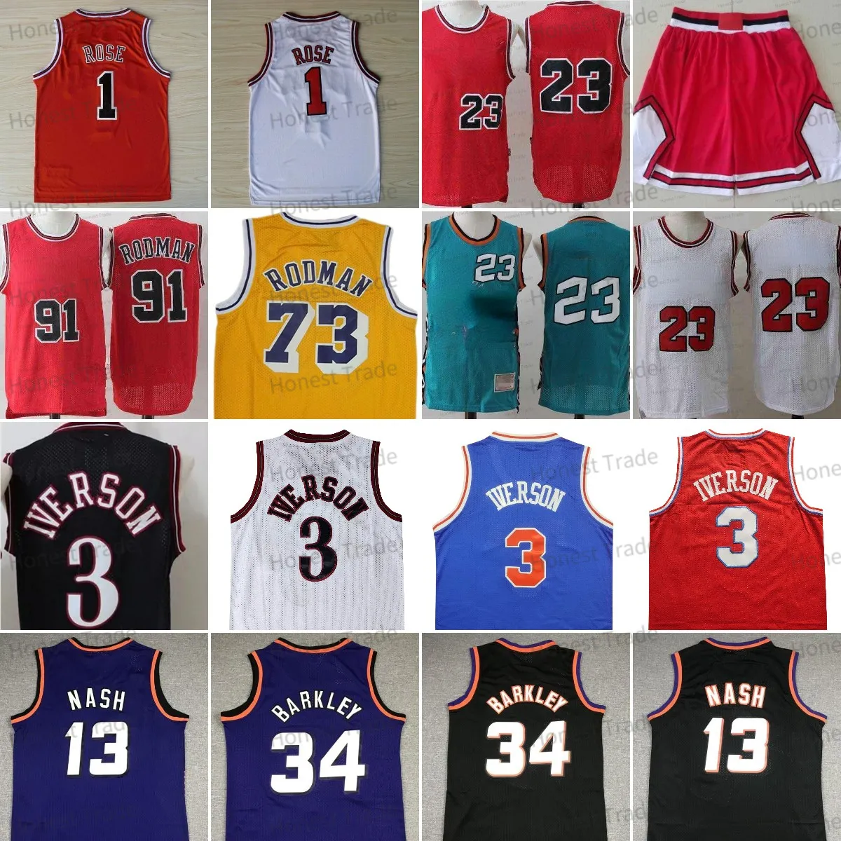 Gül Mens Basketbol Formaları Dennis 91 Rodman 73 Scottie 33 Pippen Allen Şortları Siyah Kırmızı Beyaz Yeşil Dikiş Michael Iverson Vintage Jersey