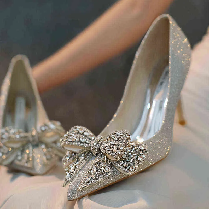 Luxus Hochzeit Schuhe Neue Silber Strass Bogen Pailletten High Heels Weibliche Stiletto Braut 220520