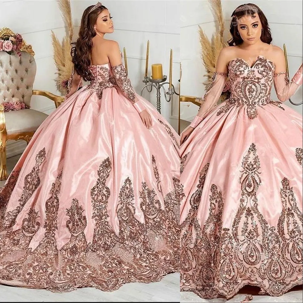 2022 PINK Sexy Sexy Shining Quinceanera Dresses Sweet 15 Dress Sweethearted Depileced Crystal Prom Downs equins with Sleeves Rose Gold Heased Lace Balled Ball Ball