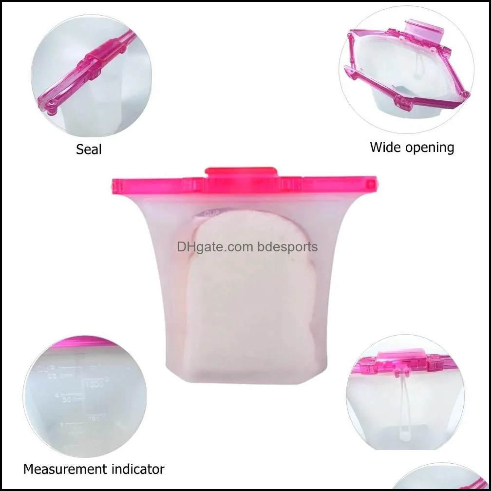 Reusable Food Storage Bags One Step Lock Leakproof Standing Silicone Bag Containers Sandwiches Liquid Snack Fruit  Saver