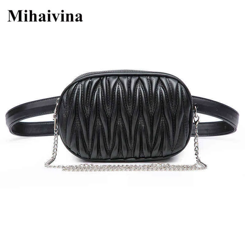 Crossbody Bag Mihaivina Fanny Pack for Women Waist Bag Pleated Round Belt Luxury Brand Chain Shoulder s Female Leather Chest Purse 220802