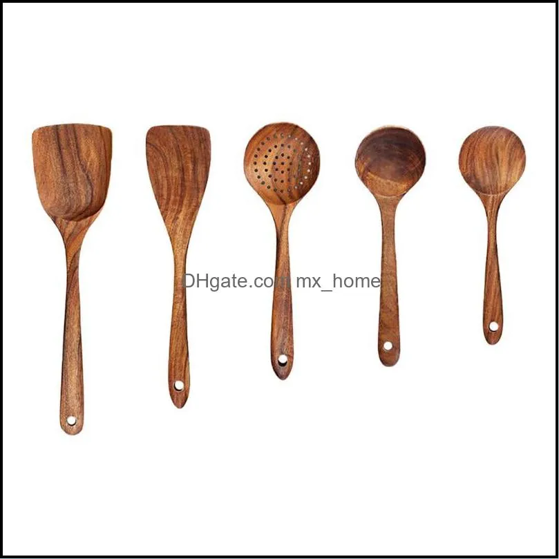 5PCS Wooden Spoons For Reusable Wood Kitchen Utensils Set Wooden Turner Spatula Rice Spoon Big Soup Scoop For Cooking Utensils