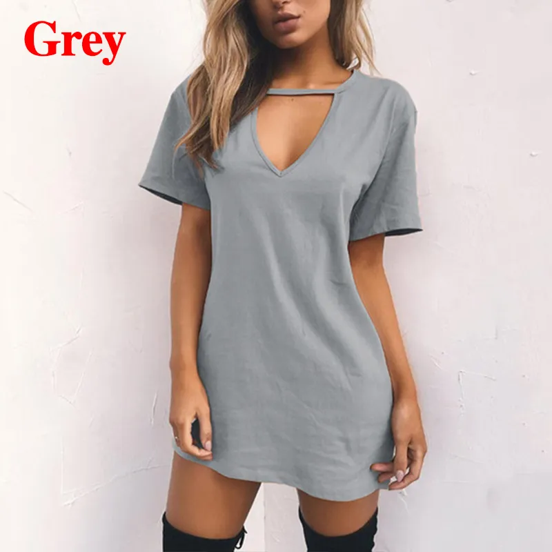 Deep V Neck Choker Tshirt Dress Summer Mini Short Sleeve Dress for Women