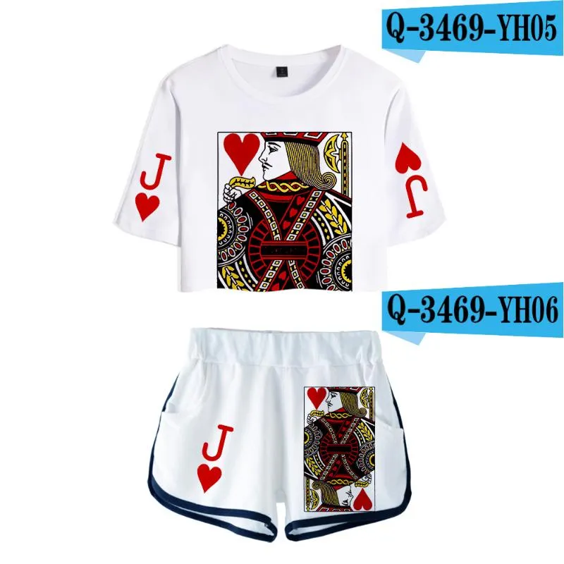 T-shirt da uomo Classic Peculiar JQK Poker Dew Ombelico Sport Ragazze Tuta manica corta Bellissimi set sexy in due pezzi Pantaloncini 3D Pantaloni da uomo