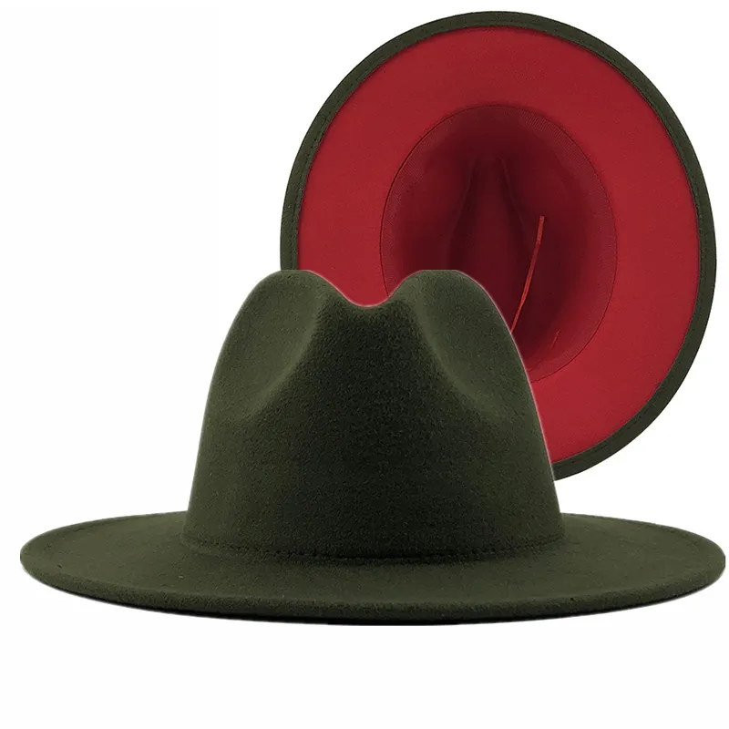 Unisex yttre armégrön inre röd ull filt jazz fedora hattar med tunna bälte spänne män kvinnor breda grim panama trilby cap l xl 220506