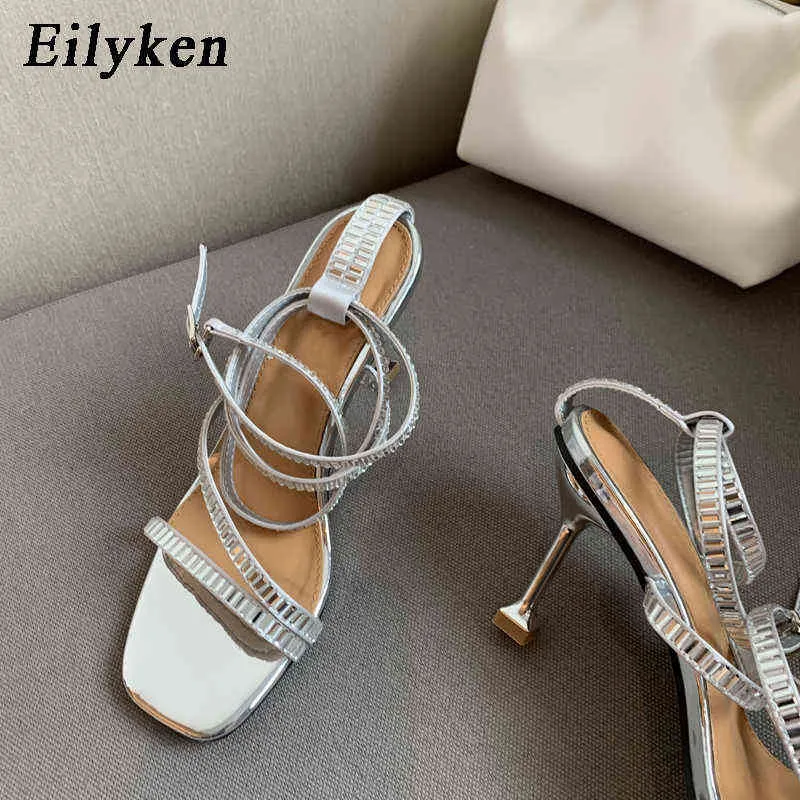 Nxy sandalen nieuwe straatstijl steentjes hoge hakken enkelband strappy voor vrouwen mode feest bruids schoenen zilveren pompen
