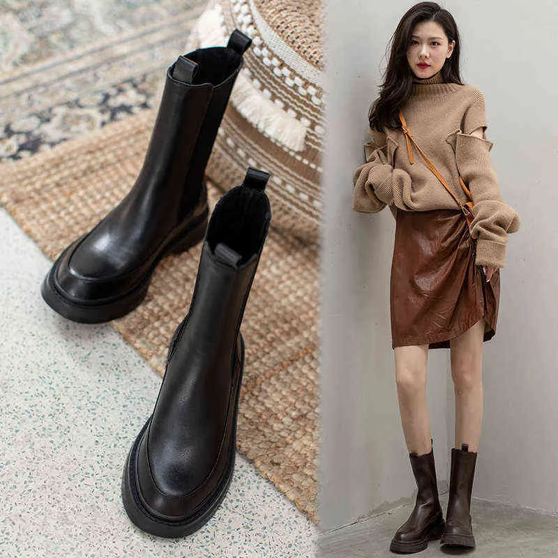 Women Boots Hot Real Leather Office Lady Slip-on Chelsea Fashion Ankle Round Nose Flat with Shoes Platform 220607