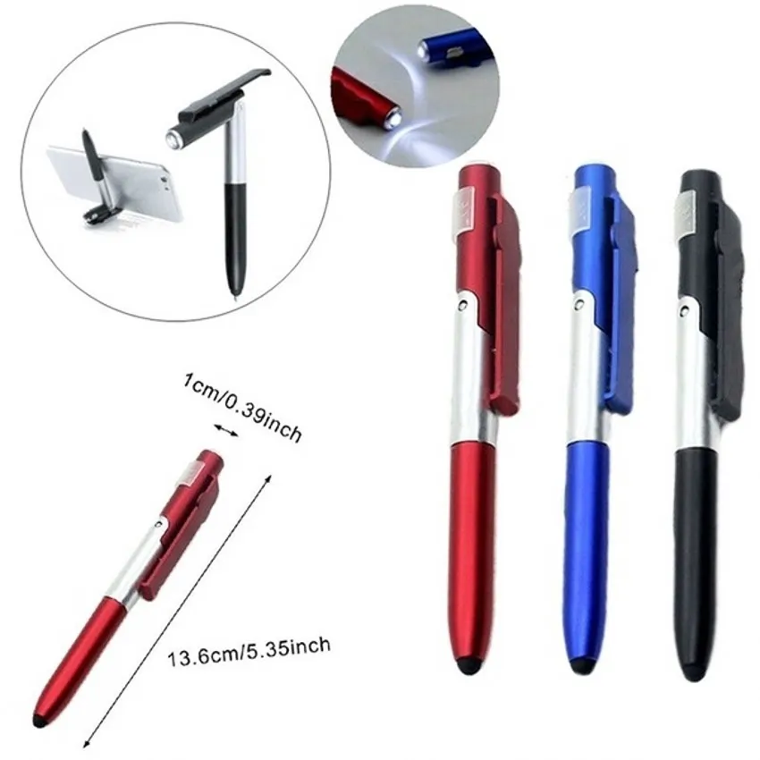 4 In1 Ballpoint Pen Clip Folding Mobiltelefonhållare LED Lätt kapacitiv pekskärm Roll Boll Pen Skrivverktygskontor Leverans