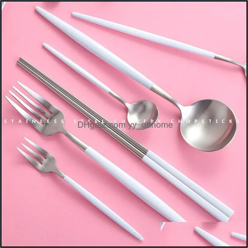 wedding spoon fork knife silver gold 18/8 stainless steel flatware tableware cutlery handle white