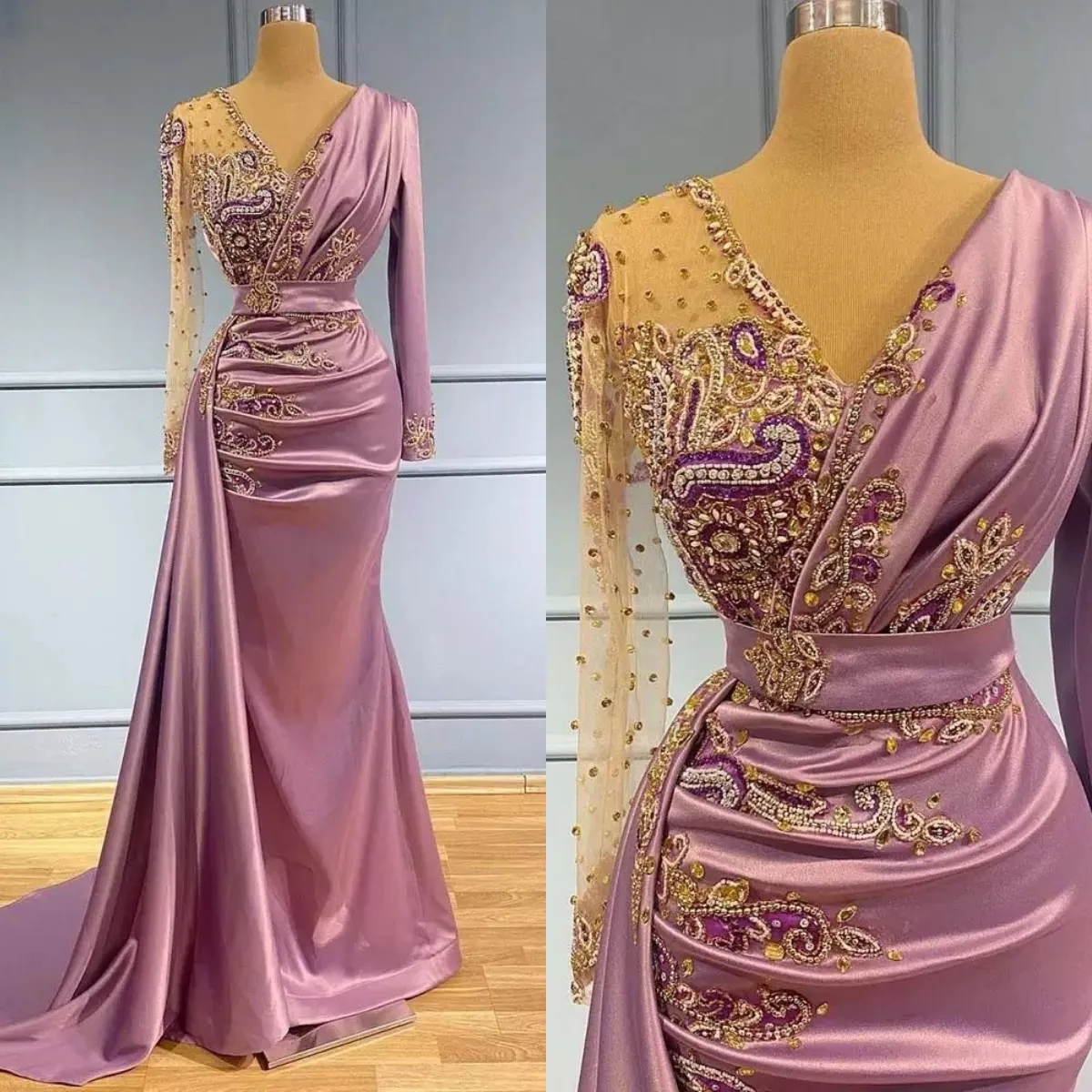 Light Purple Mermaid Prom Dresses Sheer V Neck Appliqued Beaded Long Sleeve Formal Evening Dress Party Second Reception Gowns