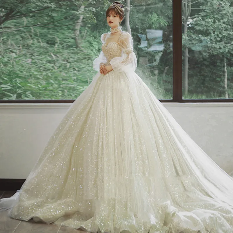 2022 Abito da sposa francese Abito da sposa Temperamento in stile palazzo Trailing semplice esci da garza matrimoni con abiti mercoledì vestido de nolia