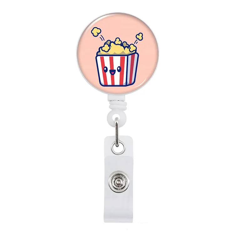 Kantoorschoolbenodigdheden Selling Cartoon Popcorn Telescopic Easy Pull Buckle Badge Reel met Achterkant Certificaat Cover