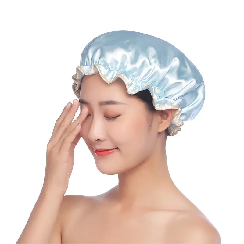 Dubbelskikt duschkappvattentät återupptagbart fast elastiskt band badtjockna hårlockar anti-fum hatt vuxen makeup täckning
