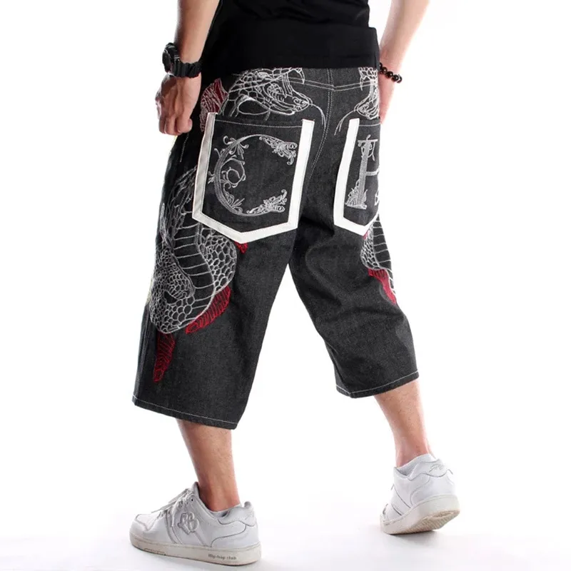 Men's Loose Hip Hop Denim Baggy Shorts Summer Casual Plus Size Washed Jean Short Black,30 