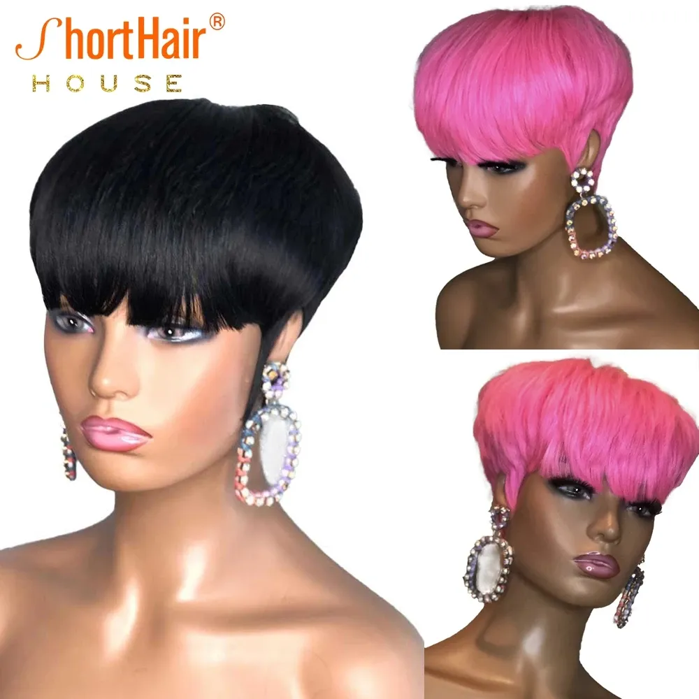 PIXIEショートカットBANGS BRAZILIAN STRATE WIGS 100％人間の髪のかつらの黒人女性ピンク色のフルマシンメイド
