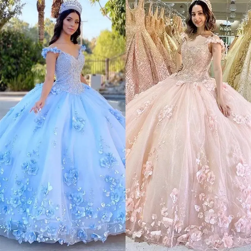 Elegante abito da quinceanera off-sposcata abito da palla di tulle gonfio 3D con perline e perle per dolce 16