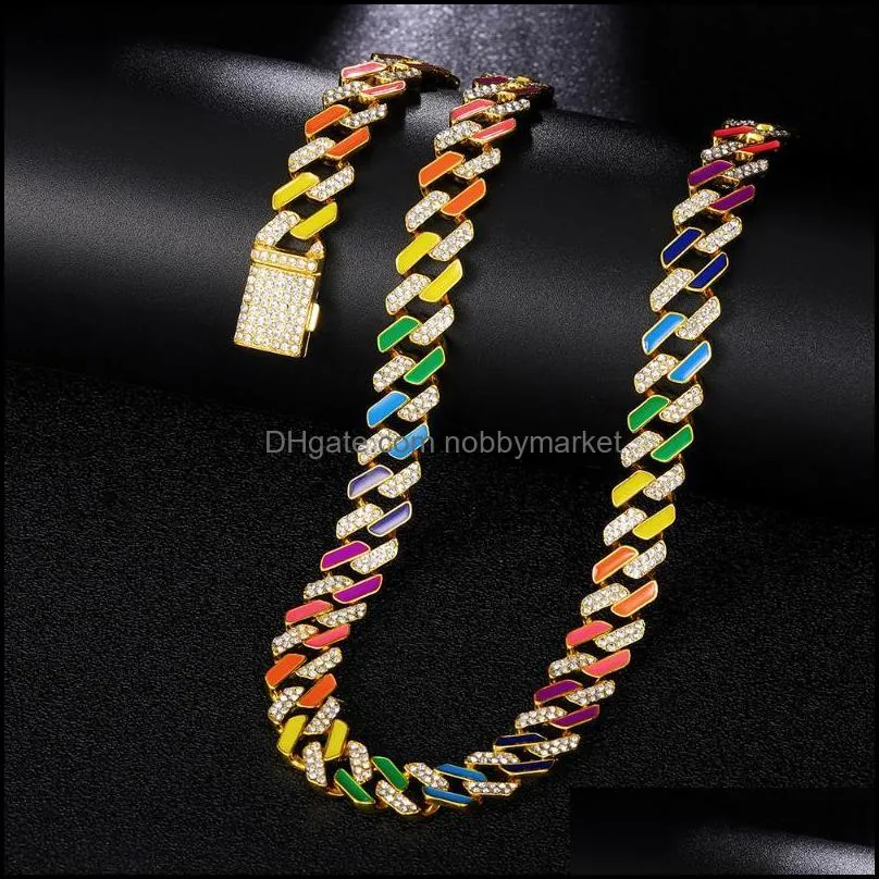 Chains 13MM Iced Out Cuban Necklace Link Chain Women Crystal Neon Colorful Enamel Choker Suit Rainbow Bracelet Jewelry