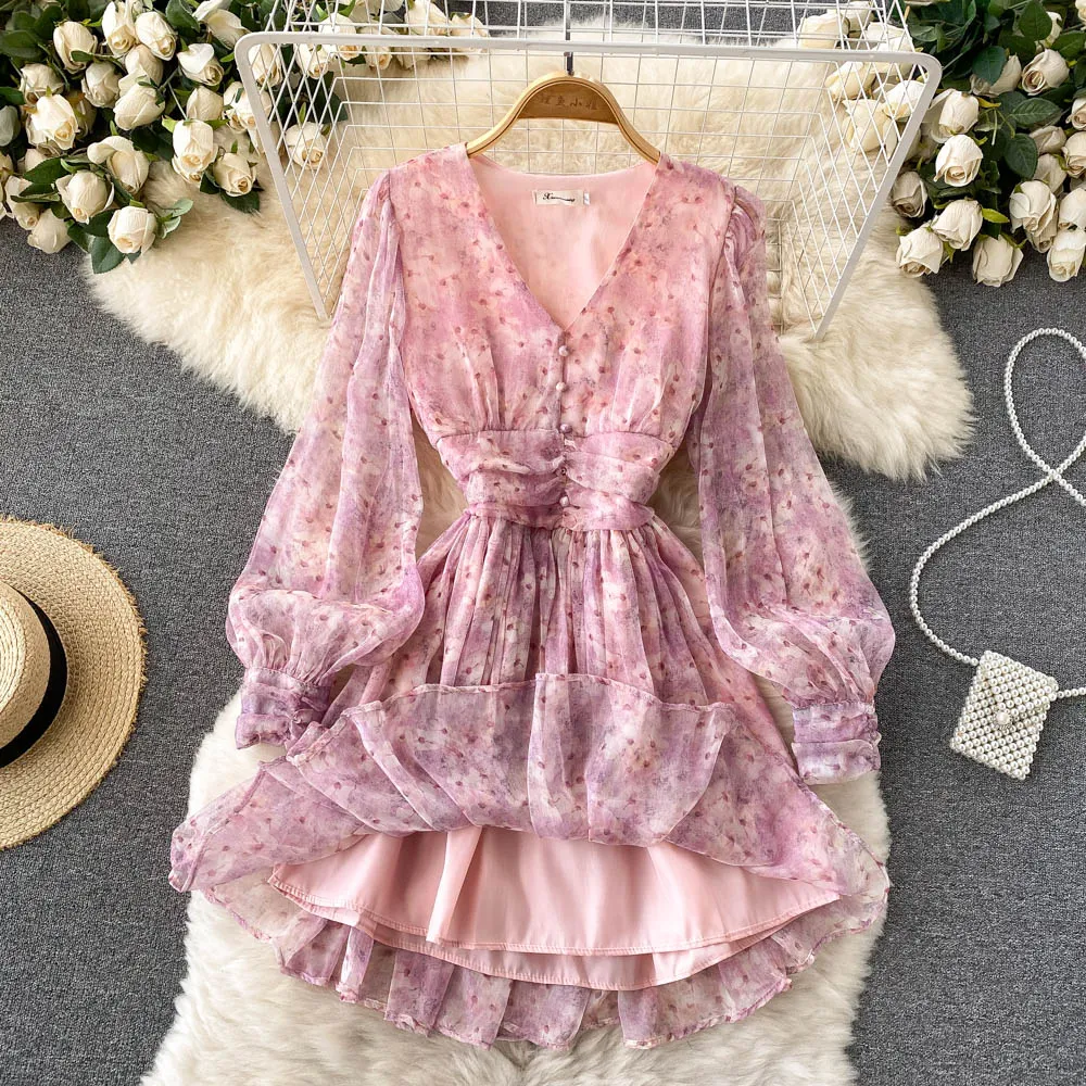French Retro Chiffon Floral pink dress with Waist and V-Neck