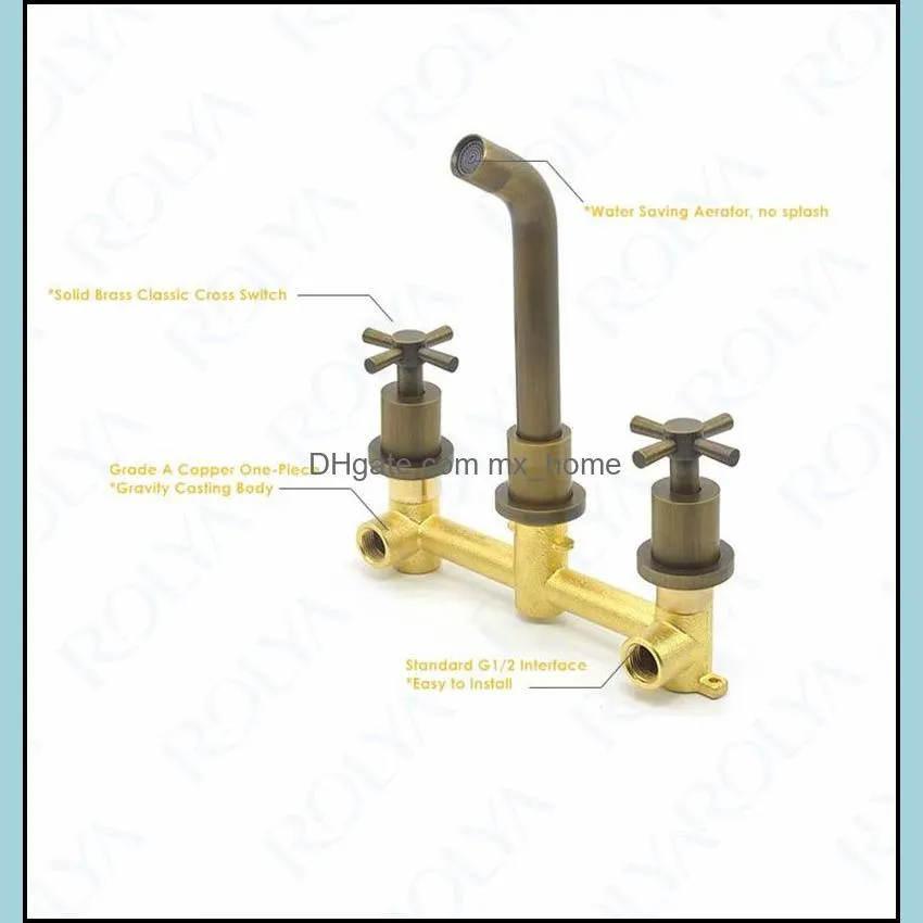 Vintage Castle Antique Brass Bathroom Faucet Dual Cross Handles Wall Mounting Solid Copper Old Style Basin Faucet Tap Set