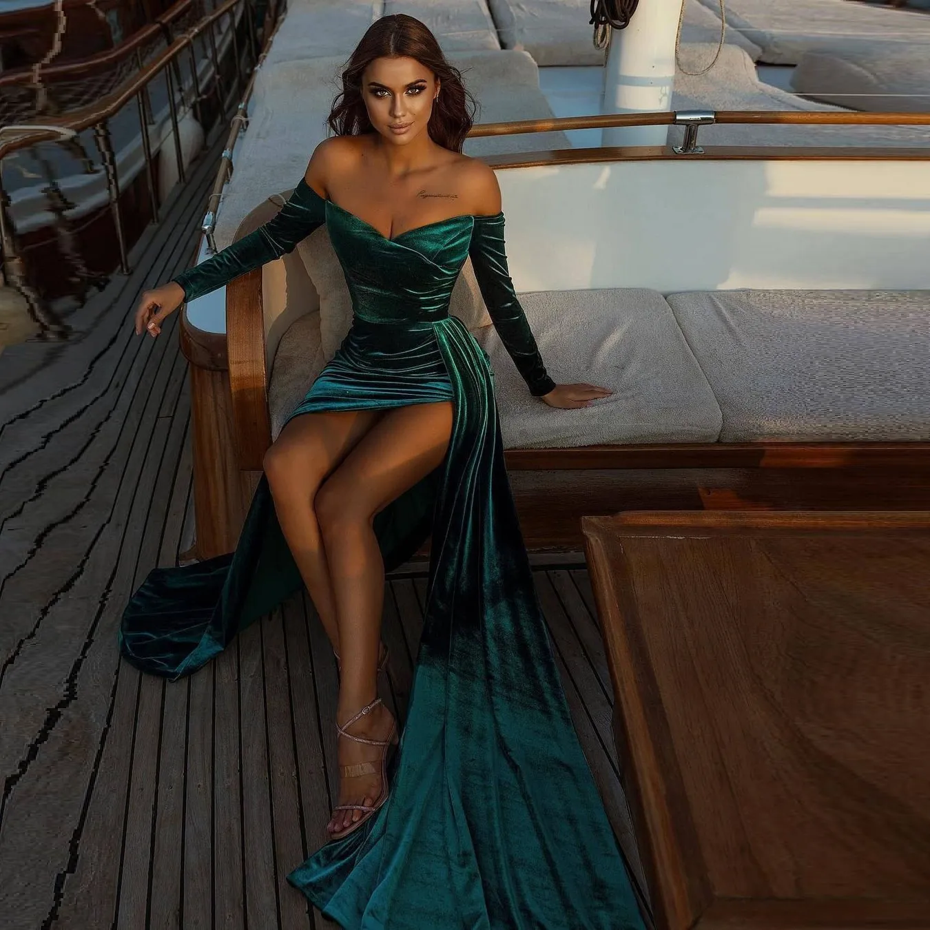 slim fit dress slacks Hunter Green Velvet Bridesmaid Dress Mermaid Maxi Long Sleeve Off-the- Shoulder main image 0