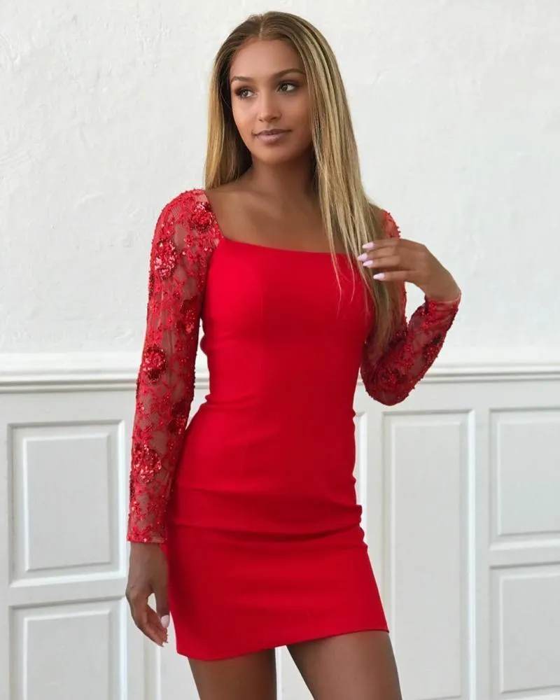 Party Short Red Cocktail With Full Sleeve Fitted Sheath Square Neck Figure Formal Girls Mini Homecoming Dress For From Allegroo, $146.46 | DHgate.Com