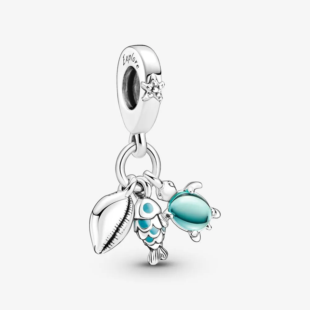 100 ٪ 925 Sterling Silver Fish Turtle Conch Triple Dangle Charm Fit Original European Charm Bracelet Fashion Association