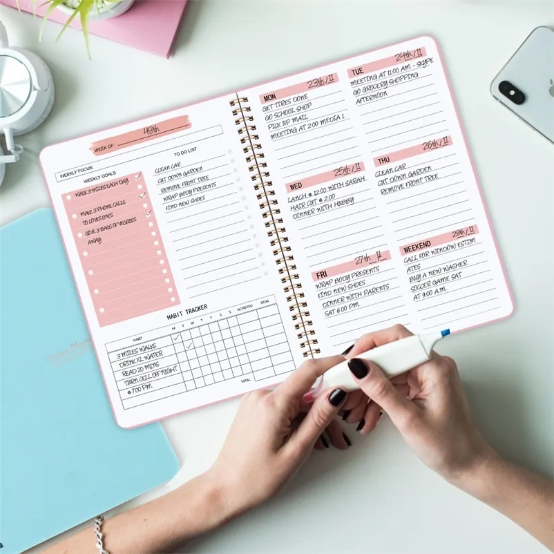 Planificateur hebdomadaire quotidien Agenda non daté Agenda avec Habit Tracker Objectifs hebdomadaires pour répertorier le planificateur de couverture PVC de liaison en spirale 220627