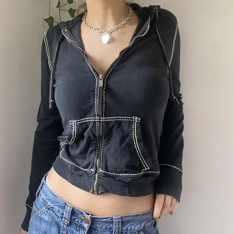 Vestes Femme Xingqing Fil À Coudre Manteau Années 2000 Esthétique Femmes À Manches Longues Crop Tops Avec Poches Y2k Grunge Zipper Hooded Jacket Streetw