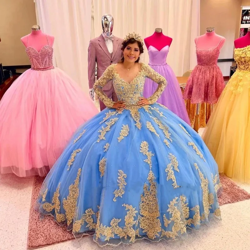 Ahorra a lo Grande en Compras al por Mayor de Dulce 15 Vestidos De  Quinceanera Vestido De Quinceanera Con Apliques De Encaje Dorado Azul Cielo  Claro,