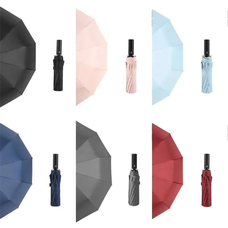 Strong Wind Resistant 3 Folding Automatic Umbrella Men Parasol Women Rain 12 Ribs Large Umbrellas Business Gift 20220613 D3