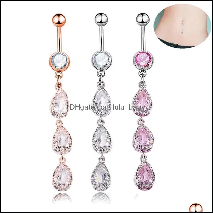 Body Arts Tattoos Art Health Beauty Water Drop Dangle Belly Button Rings 316L Surgical Steel Curved Navel Bar Diamomonte P DH8D3