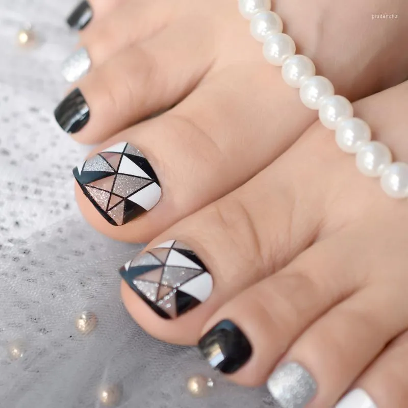 Falska naglar geometriska mönster glitter tå sexig svart fyrkant falsk nagel glänsande glittrande tryck på prud22