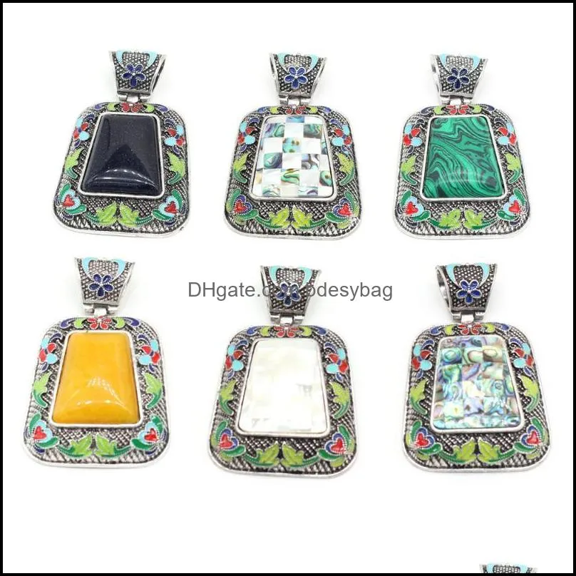 pendant necklaces natural stone gem malachite lapis lazuli shell abalone alloy trapezoid for jewelry makingdiy necklace