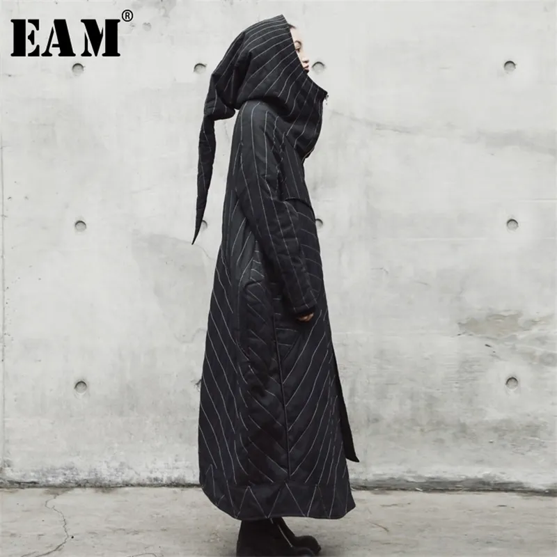 EAM Black Striped Split Split Joint Long CottonPadded Coat Loose Fit Women Parkas Fashion Spring Herfst JR501 201210