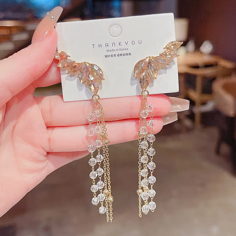 Wing Long Tassel Crystal Crystal Earring Dangle Oorbellen voor Vrouwen Koreaanse Mode-sieraden Geschenken