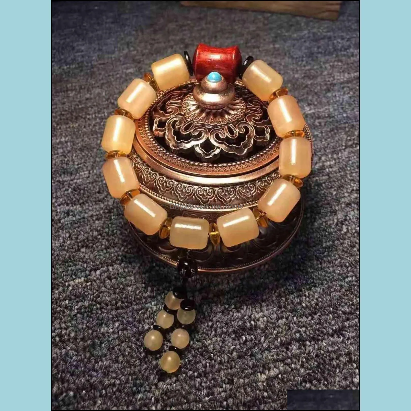 Chinese Style Products Tibetan Natural Sheep Horn Round Bead Single Circle Buddha Hand String Diy with Olive Core Lobular Red