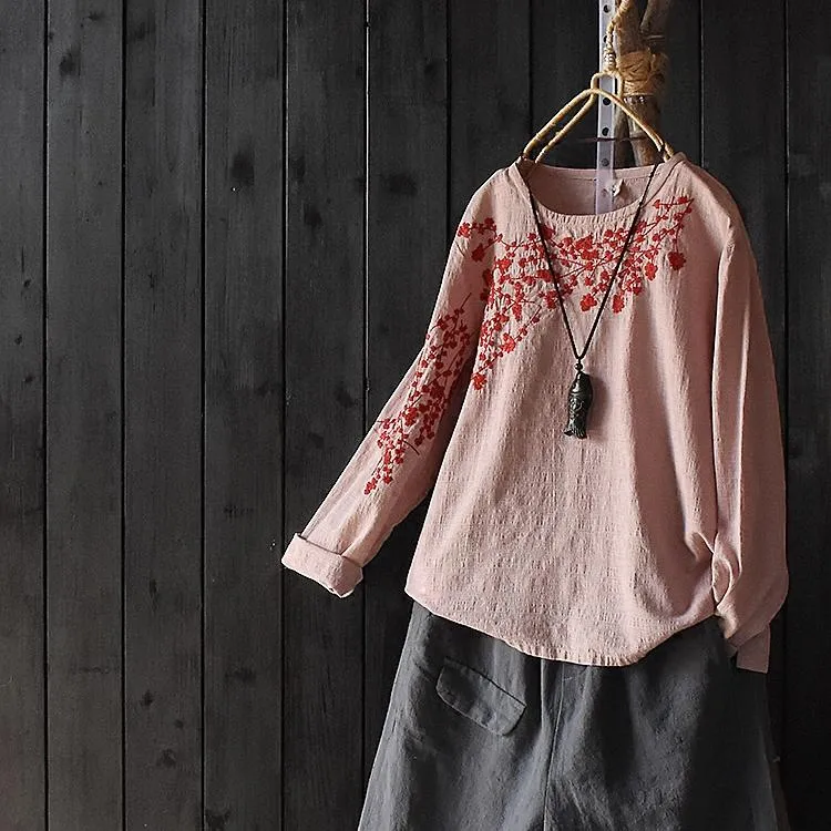 T-shirt da donna stile cinese fiore ricamo floreale cotone lino donna manica lunga allentata vintage top vestiti autunnali maglietta da donnaWome