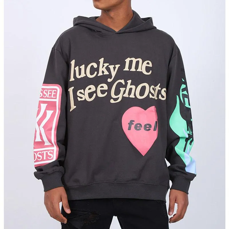 남성 후드 티 스웨터 하라주쿠 낙서 Lucky Me I See Ghosts 편지 겨울 남성과 여성 Hoodie 힙합 Oversized Unisex ClothingMen'