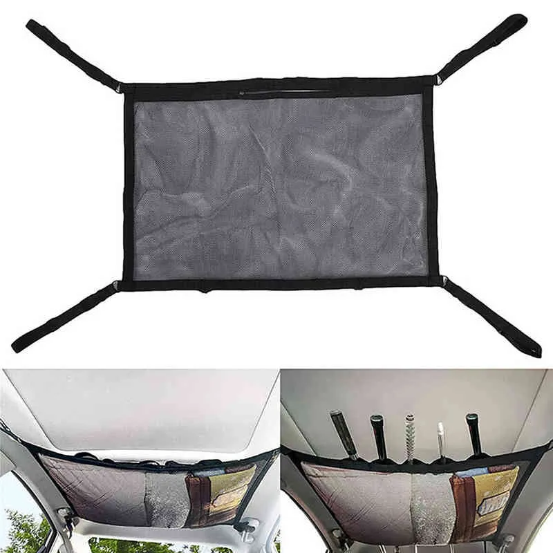 2PC Portable Car SUV Ceiling Storage Pocket Roof Cargo Net Bag Fishing Rod Holder Vehicle Trunk Pouch Sundries Storage Organizer Y220414