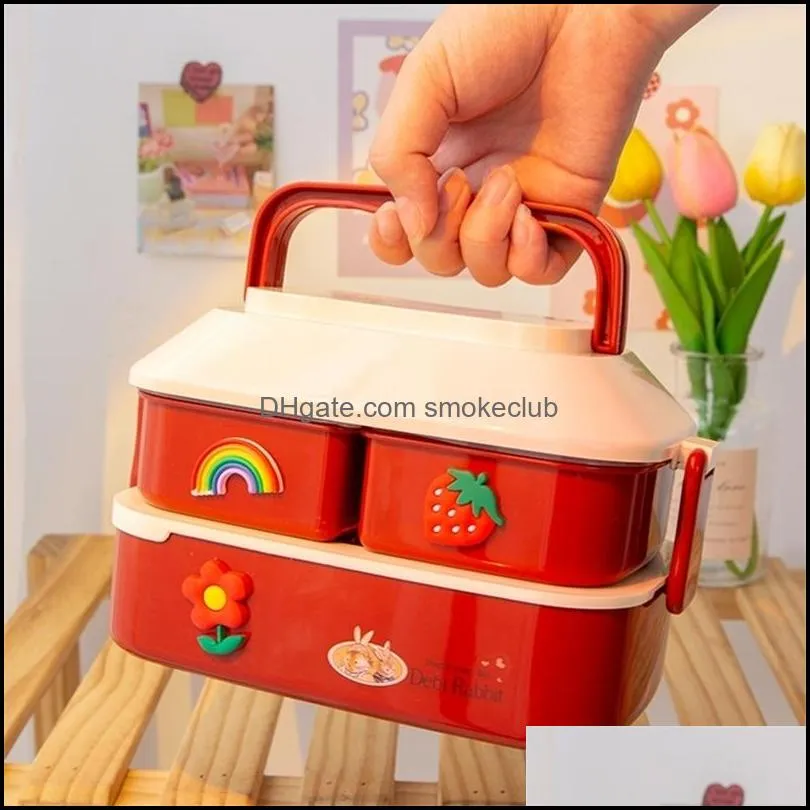 Cartoon Children Lunch Box Cute Student Bento Microwave es Food Storage With Independent Cutlery For Kid Camping 220228