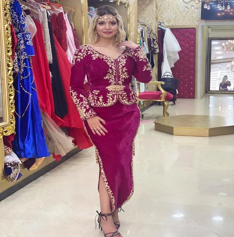 Abito da sera tradizionale algerino Karakou 2022 Abiti da ballo marocchini vintage con scollo a V a maniche lunghe Dubai Arabo Short Party Robe De Soiree Mariage Gonna caftano