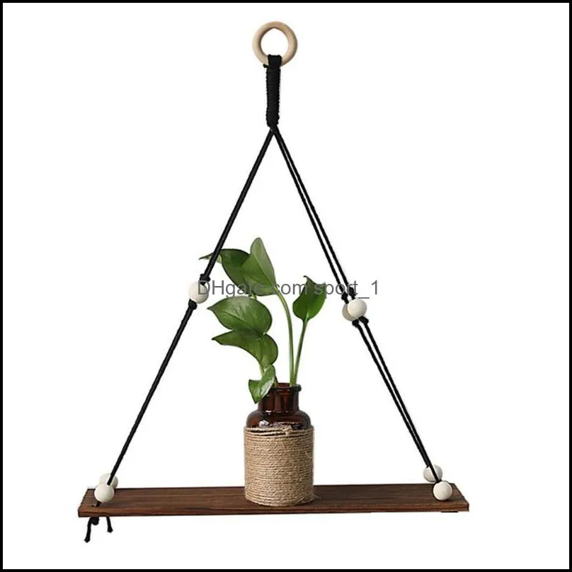 Other Home Decor H051 Wooden Wall Shelf Cotton Rope Swing Plant Flower Pot Hanging Stand Storage Rack