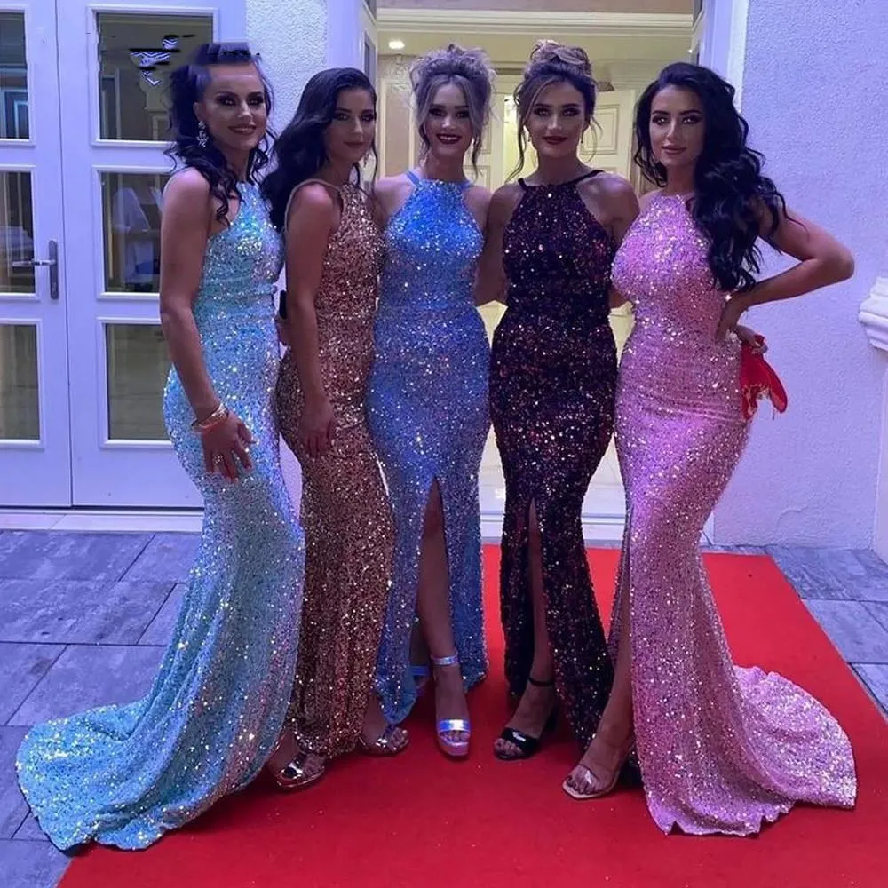 Sexy paillettes sirène soirée robes de bal 2022 licou cou école formelle robe de retour robes pour fille douce grande taille