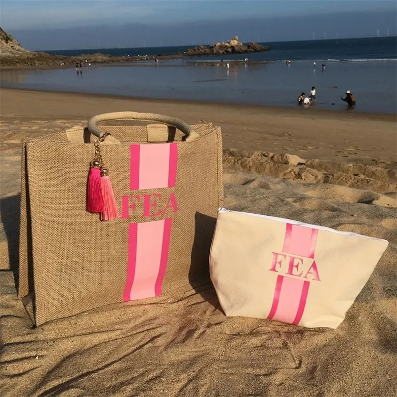 Пользовательская полосатая монограмма пляжная сумка персонализировать название монограммы инициалы с мешковиной.
