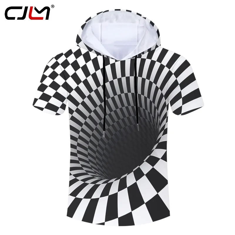 Summer Men Hooded Tshirt Wormhole Print Black White Grid 3D Cap Tshirts Harajuku Hiphop Streetwear Short Sleeve Hoodie 220623