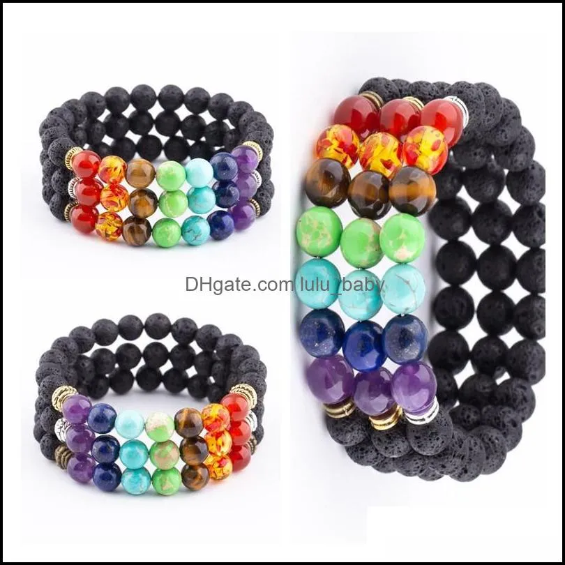 Beaded Strands 8Mm Lava Stone Reiki 7 Chakra Beaded Strand Bracelet Diy Aromatherapy Essential Oil Diffuser Bracelets For Wo Baby Dhfer